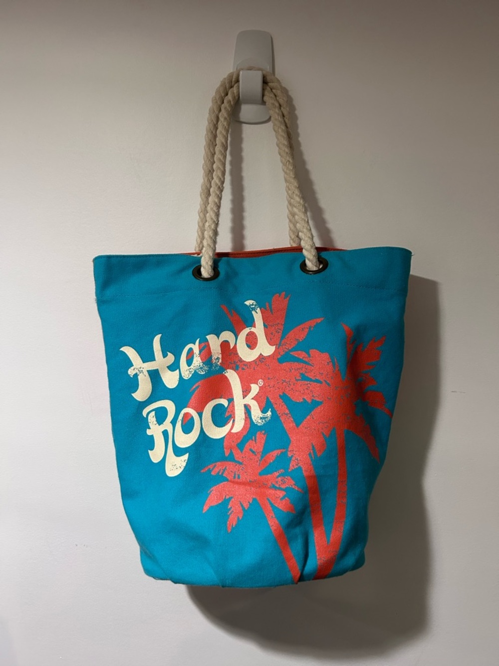 Hard Rock Cafe Teal Canvas Tote Bag with Coral Palm Print